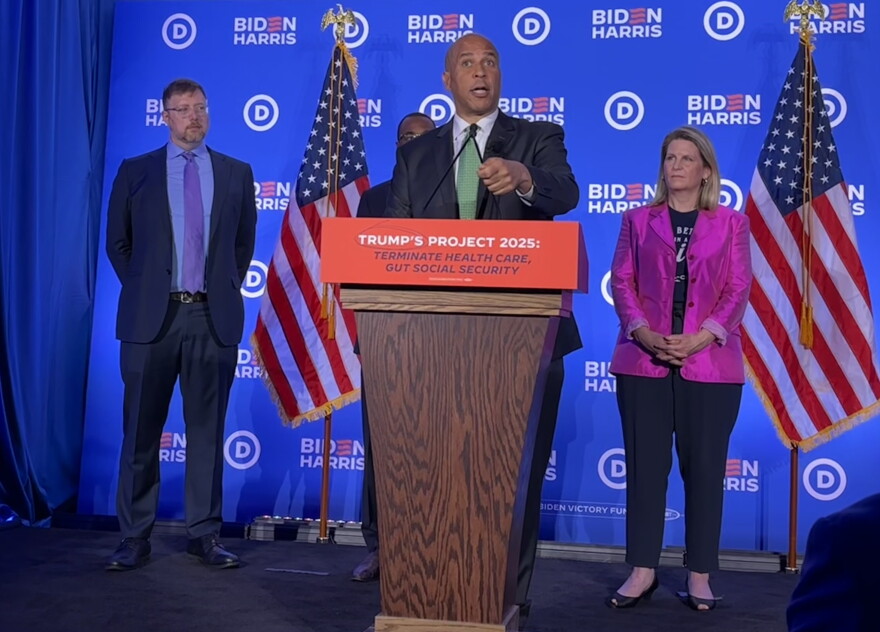 From L to R, Ben Wikler, Wisconsin Democratic Party, Sen. Cory Booker of New Jersey, and Liz Shuler, AFL-CIO, at a Democratic National Convention press conference in Milwaukee, Wisconsin Tuesday. 