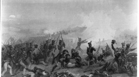 Detail from “The Battle of Lundy’s Lane”, by Alonzo Chappel (American, 1868). The battle, at Niagara Falls in Upper Canada, took place July 25, 1814 and was one of the bloodiest single engagements of the War of 1812. The painting depicts American infantry advancing into British fire. (Wikimedia Commons; image sourced from the Department of Heritage in Canada and retained by the RiverBrink Art Museum.