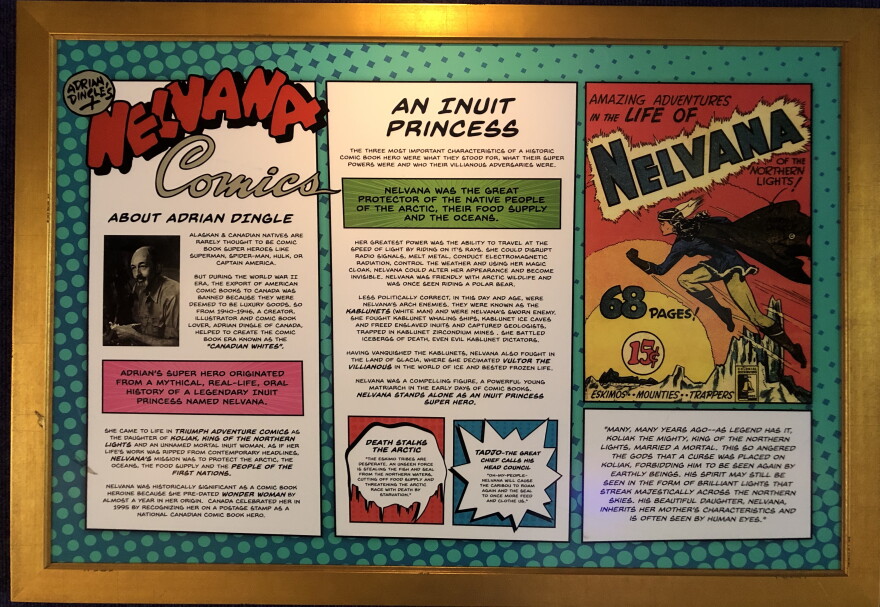 A poster from a Canadian WWII-era comic book is on display at the Aurora Discovery Institute.