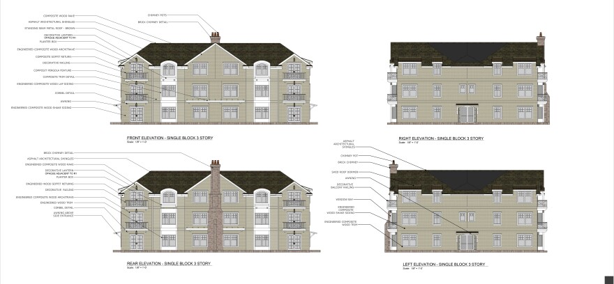 A rendering of the design for the three-story apartments that would be built in the Essex housing development.
