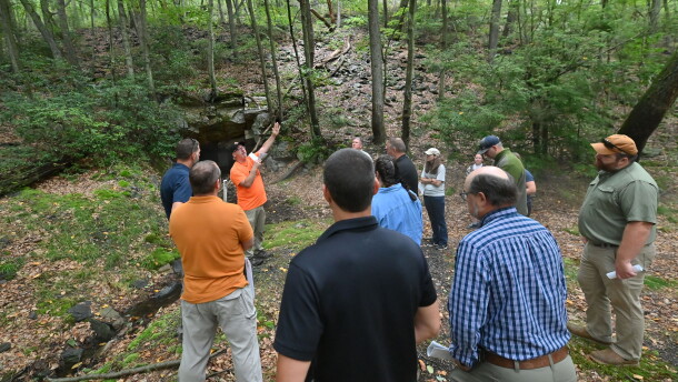 Bobby Hughes, executive director of the Eastern Pennsylvania Coalition for Abandoned Mine Reclamation (EPCAMR), leads a tour of a mine reclamation project in Shickshinny.