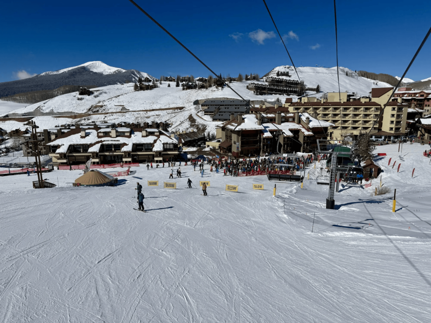 Crested Butte Mountain Resort covered in snow with skiers all around.
