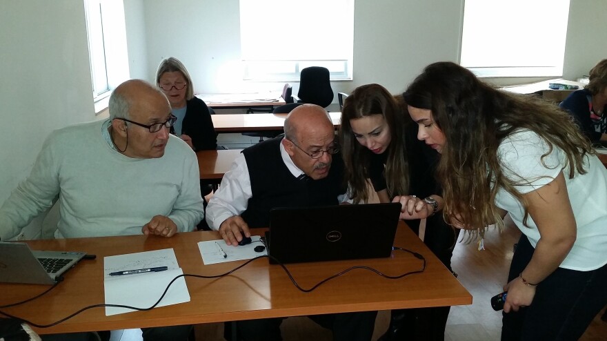 UfS students mingle with college-age colleagues during in-person classes on the American University of Beirut campus.