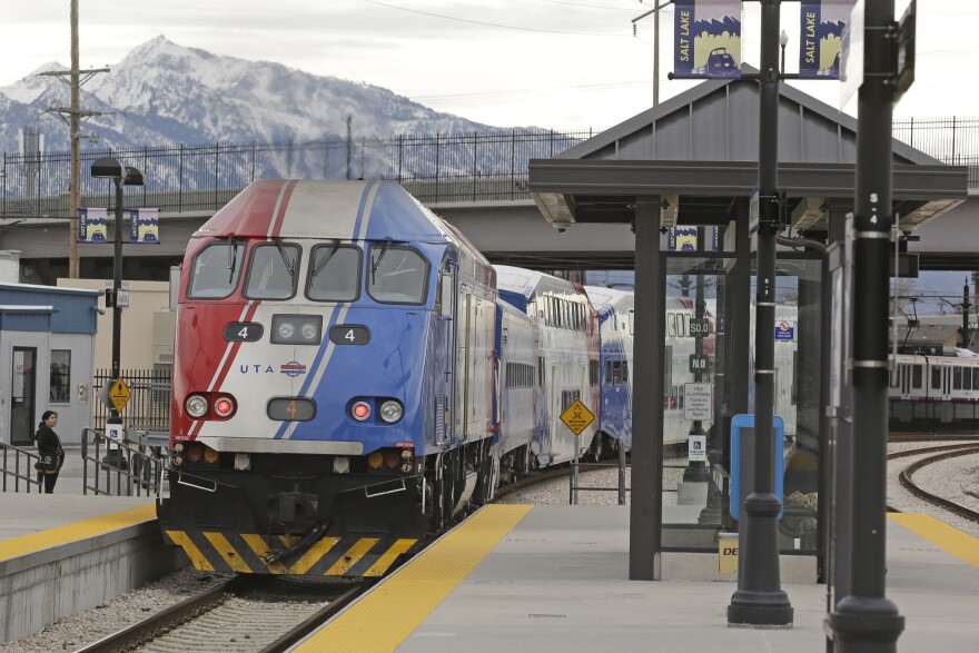 The "Frontrunner'" commuter rail line departs at a Salt Lake City train station Monday, March 10, 2014, from Ogden, Utah.