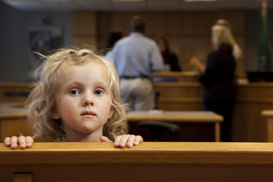 A young blonde-haired girl looks directly at the camera over the railing in the courtroom.  Behind her adults are at the bench talking with a judge.