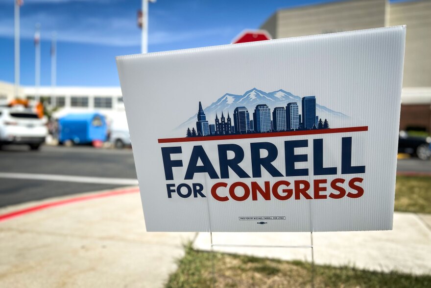 A M campaign lawn sign outside of the Utah Democratic Convention at Jordan High School in Sandy, April 25, 2026.