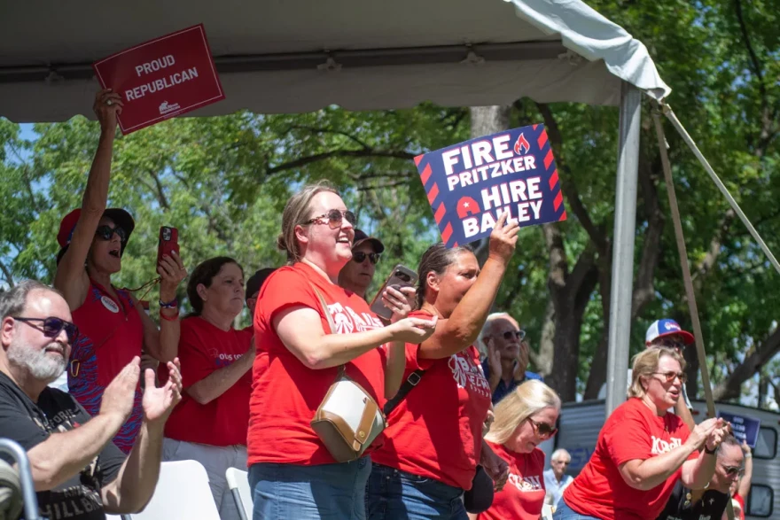Fairgoers celebrate the Republican ticket for governor on Aug. 20, 2026.