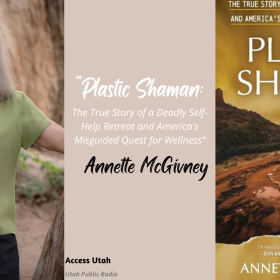 A graphic includes a picture of a woman with grey hair. She wears a green blouse and poses outside. On the other side of the graphic is the cover of "Plastic Shaman" by Annette McGivney. 