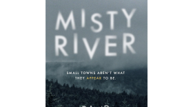 the book cover for "misty river" with a gray scale photo of a woods with fog