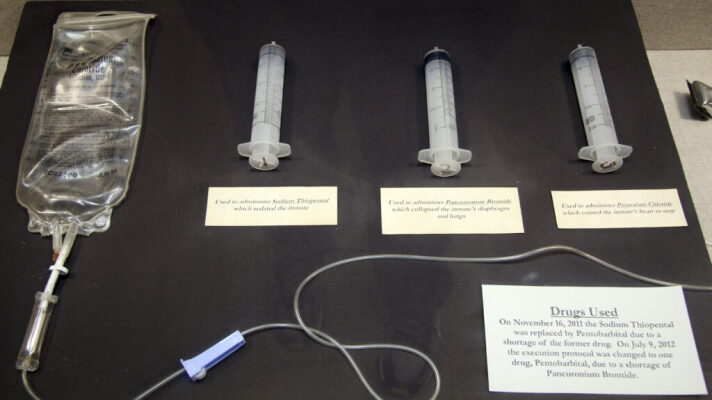 In this April 5, 2017 photo, an exhibit at the Texas Prison Museum shows the three-chemical mixture used by Texas prison officials for lethal injections in the state from 1982 until 2012, when it was replaced by a single drug. Tennessee was using a three-drug protocol when an independent investigation found the state was mishandling its lethal injection program. Like Texas, Tennessee is pivoting to a single-drug process.