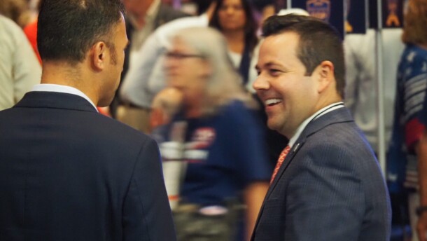 Micah Beckwith, at the time a lieutenant governor candidate, chats with Republicans at the Indiana GOP's convention on Saturday, June 15, 2024.