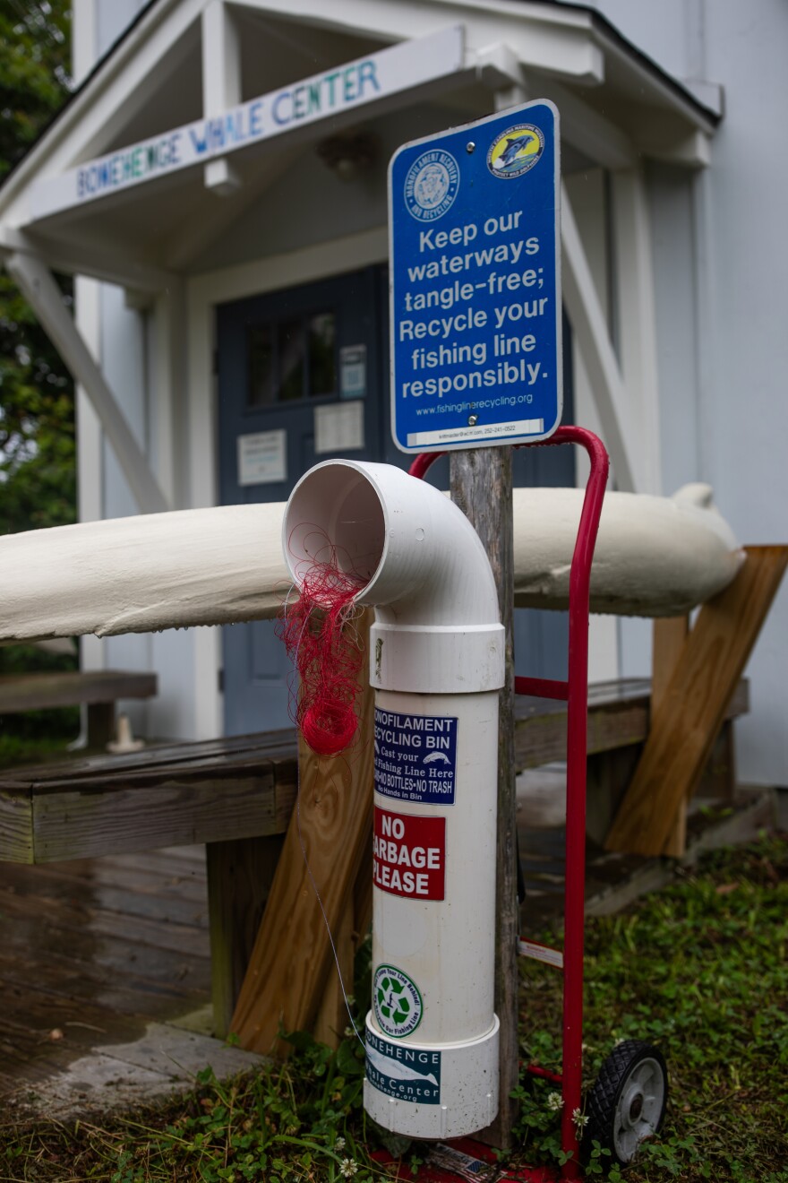 A receptacle for monofilament used in fishing hangs outside the Bonehenge Whale Center in Beaufort, North Carolina on May 14, 2024. There are dozens of these receptacles along the NC coast through a program managed by Keith Rittmaster.
