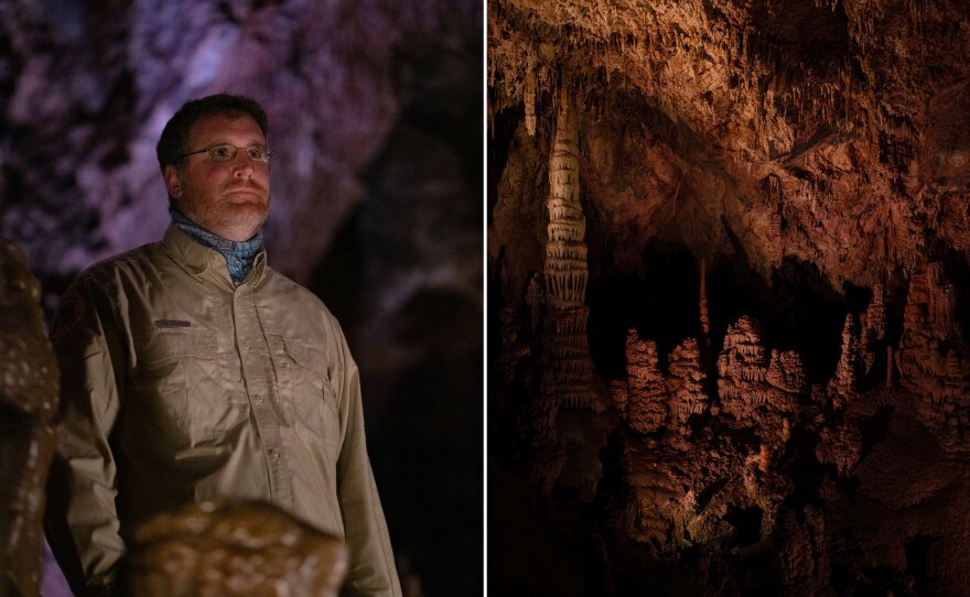 Tom Forwood (left), park assistant manager at Lewis and Clark Caverns State Park. Formations (right) in the caverns.