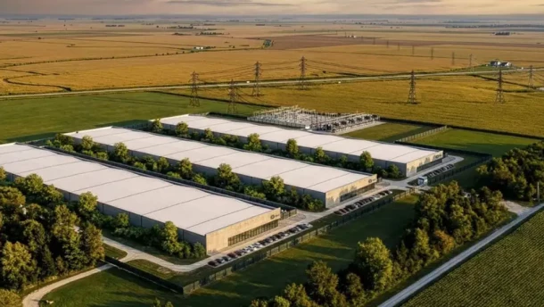 A schematic drawing shows how a Hut 8 data center site near Latham in rural Logan County might look. The project, still seeking approval, has faced public pushback.