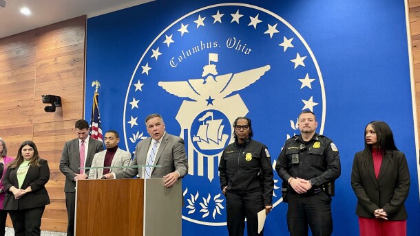 Columbus city officials, including Mayor Andrew Ginther (center) speak about reports of increased ICE operations in the city on Dec. 18, 2025.