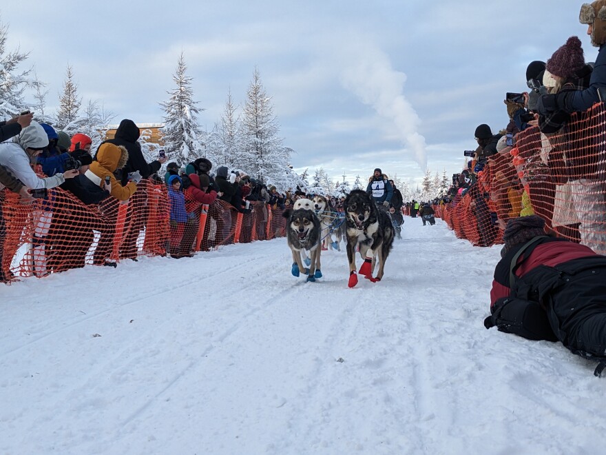 Yukon Quest 550 musher Cody Strathe and his team head down the start chute on the Chena River.