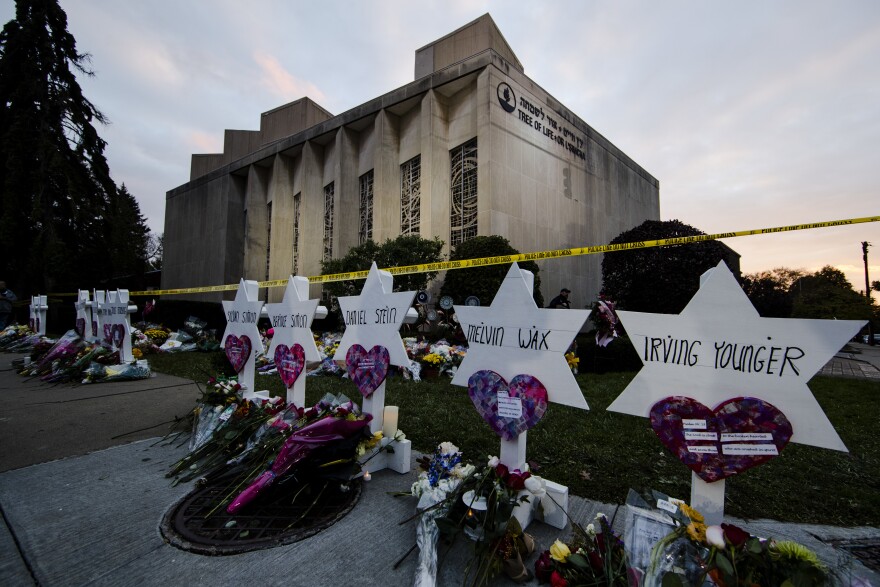 FILE - A makeshift memorial stands outside the Tree of Life Synagogue in Pittsburgh, Monday, Oct. 29, 2018 in the aftermath of a deadly shooting at the synagogue.