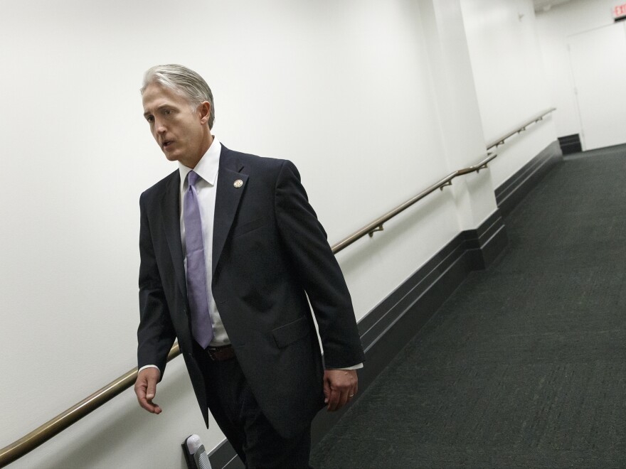 South Carolina GOP Rep. Trey Gowdy leaves a closed-door Republican strategy meeting at the Capitol on Wednesday. Gowdy has been tapped to lead the new Benghazi investigative committee.