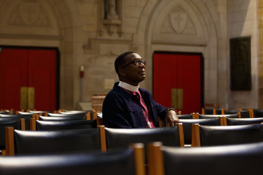 Bishop Deon Johnson sits among rows of chairs at Christ Church Cathedral on Tuesday  in St. Louis' Downtown West neighborhood