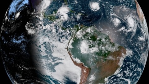 A satellite image from Monday shows Hurricane Florence as it travels west and gains strength in the Atlantic Ocean. Hurricanes Isaac and Helene have also formed off the coast of West Africa.