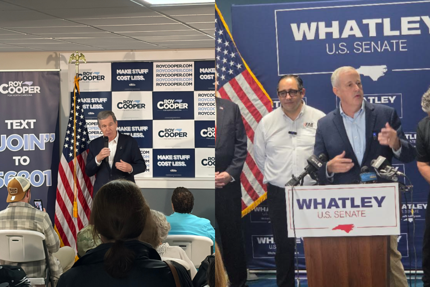 Roy Cooper, left, and Michael Whatley campaign in Gastonia on Thursday.