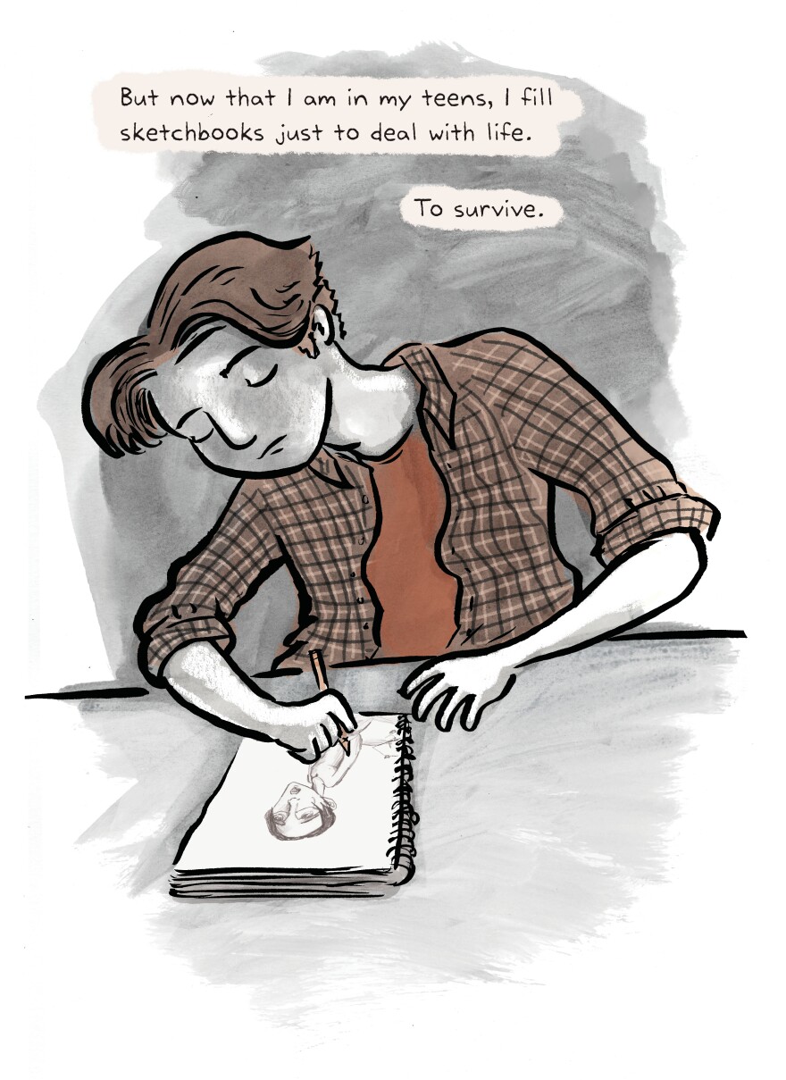 "When I was a kid, I'd draw to get attention from my family," Krosoczka writes in<em> Hey, Kiddo</em>. "In junior high, I drew to impress my friends. But now that I am in my teens, I fill sketchbooks just to deal with life. To survive."