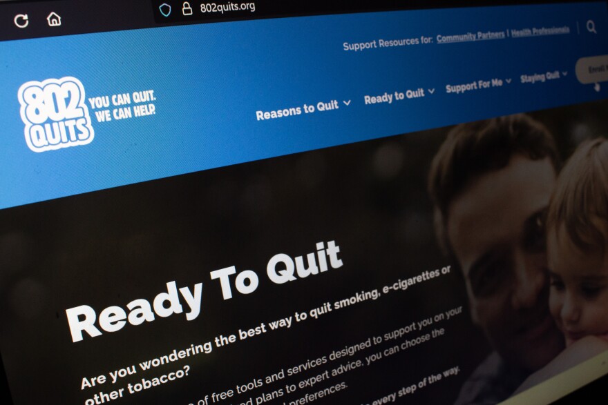 A webpage for 802 Quits has messaging about quitting tobacco.