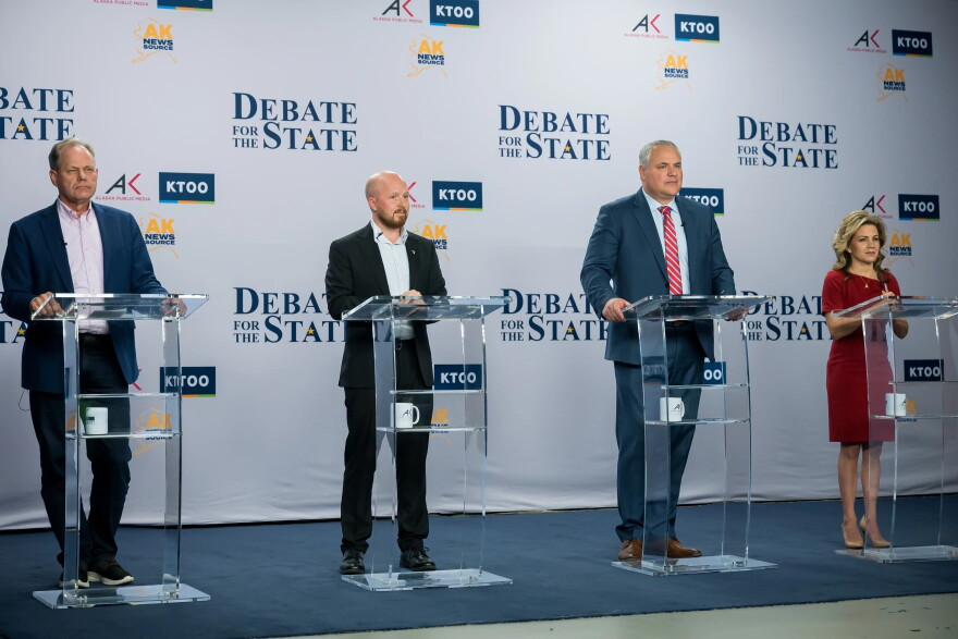 Alaska gubernatorial candidates Republican Dave Bronson, Democrat Jonathan Kreiss-Tomkins, Republican Treg Taylor and Republican Bernadette Wilson (left to right) at Debate for the State at the Alaska Public Media studio on Oct. 8, 2026.