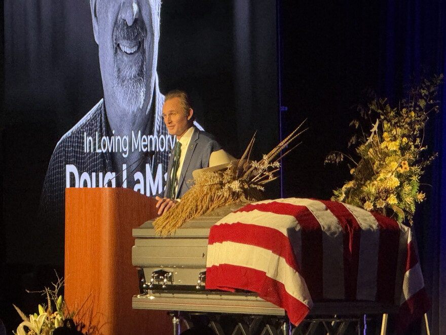 California Assemblyman James Gallagher speaking at Doug LaMalfa's memorial service at the Silver Dollar Fairgrounds in Chico on Jan. 24, 2026.