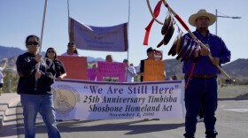 After the Timbisha Shoshones history was erased from the Death Valley National Park, protestors are march down the main road leading to the Death Valley National Park's Visitors Center, on Friday, January 30. (Jimmy Romo/KNPR News