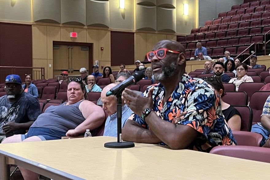 Ollie Jay Spears, who lives near the Weaver's Cove train layover facility in Fall River, addresses officials from the Massachusetts Bay Transportation Authority about noise from idling trains keeping him awake at night. He spoke at a public meeting in Fall River, June 5, 2025.