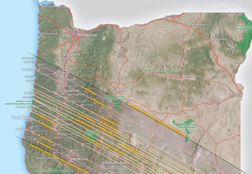 Map shows path of 2023 annular eclipse across Oregon