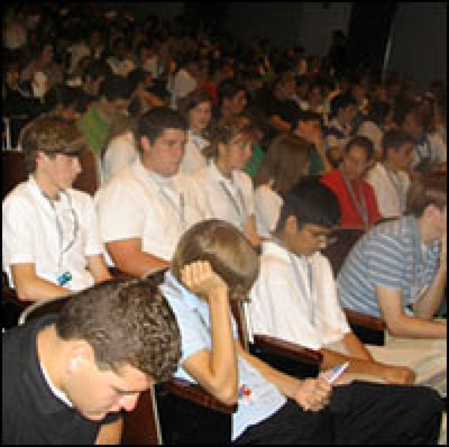 Students evacuated from New Orleans attend the first day of school at Lafayette High School.