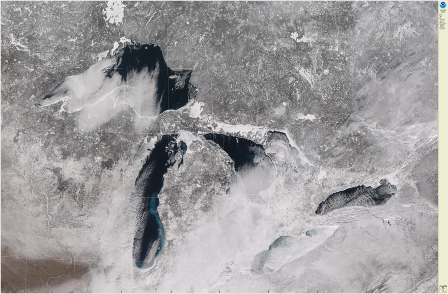 A satellite image of the Great Lakes taken January 31, 2026.