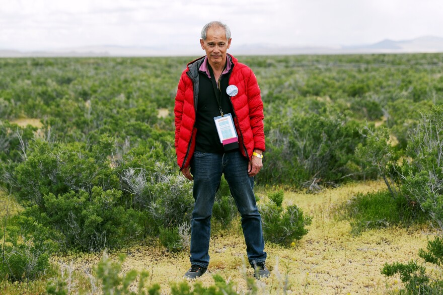 Russell Low, 66, of San Diego, whose great-grandfather, Hung Lai Wah, emigrated from China to work on the Transcontinental Railroad, stands near the railroad grade, near Kelton, Utah, on May 8, shortly before the 150th anniversary of the railroad's completion.