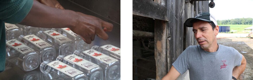 Two photos, one of a person's hand over plastic bottles, and another of a person in a grey shirt with miller farm on it.