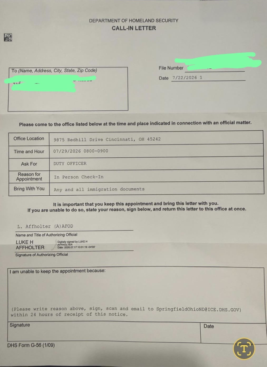 Image of a DHS summons letter for in person check-in.