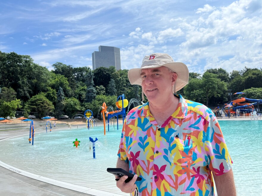 "Everybody in the pool!" Albany City Treasurer Darius Shahinfar attends opening day at the new Lincoln Park pool.