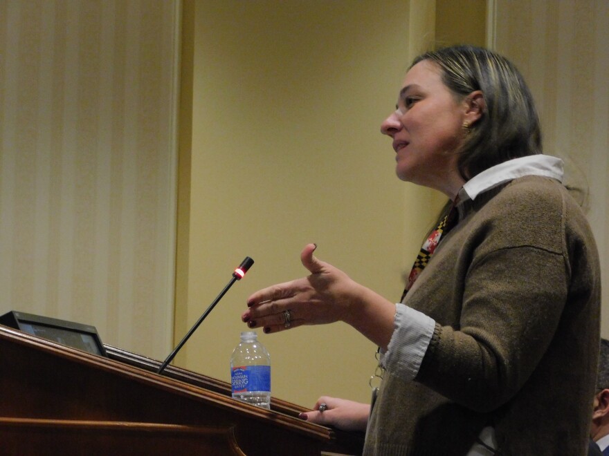 Acting Secretary of the Maryland Department of Juvenile Services Betsy Fox Tolentino testifies in favor of the Youth Charging Reform Act on Feb. 4, 2026, in the Miller Senate Building in Annapolis, Md.