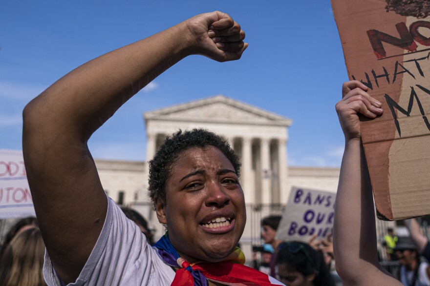 Abortion rights activist Sierra Frey cries while protesting in front of the U.S. Supreme Court on June 26, after the court overturned a federal right to an abortion. The landmark decision was one of the top political stories of 2022.