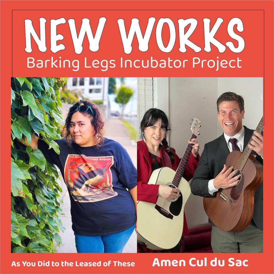 Banner from New Works from the Barking Legs Theater Incubator Residency Project for artists.