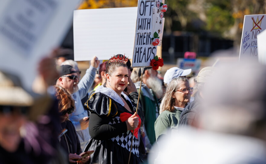 Erin Reincke attends the fourth No Kings rally in Lansing, Mich., on Oct. 17, 2026.