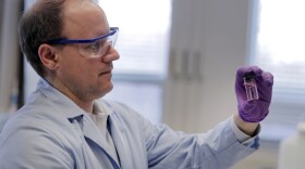 Purdue University professor Andrew Whelton looks at water sample from a faucet. The pink color shows that the sample may contain chlorine — a disinfectant used by utilities to kill bacteria.