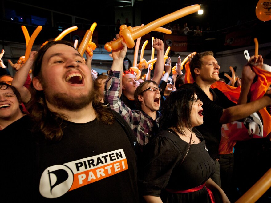 Supporters of the Pirate Party react after early results are announced during elections in Duesseldorf, Germany, on May 13.