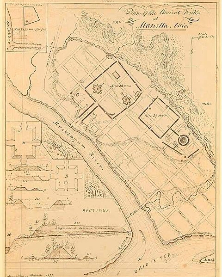 An old map shows the Muskingum River merging with the Ohio, and the ancient mounds that were built nearby.