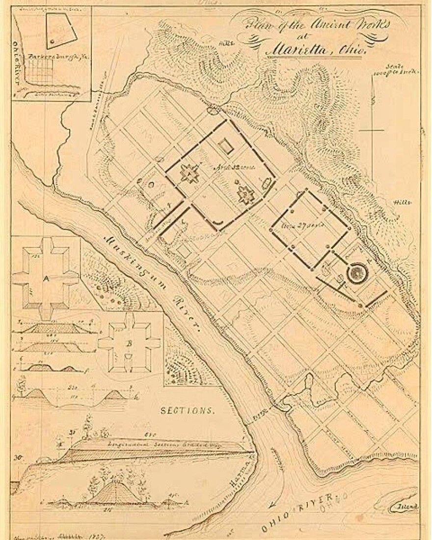 An old map shows the Muskingum River merging with the Ohio, and the ancient mounds that were built nearby.