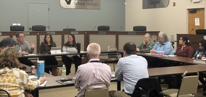As the opening proposals by unionized Sioux City School District personnel were unveiled on February 25, 2026, the union personnel are shown at right and others pictured are school administrators. (Bret Hayworth, Siouxland Public Media News)