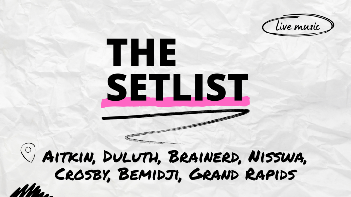 "The Setlist" and " Aitkin, Duluth, Brainerd, Nisswa, Crosby, Bemidji, Grand Rapids" over a crumpled paper background.