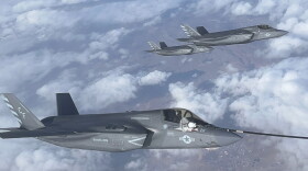 An F-35 connects to a Voyager refueling plane in the restricted airspace north of Las Vegas as part of Red Flag 24-1 on Jan. 23, 2024.