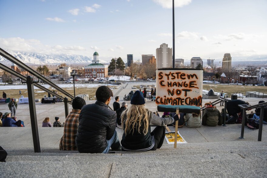 Marching to the Utah State Capitol for a climate strike on March 3, 2023, about 50 protestors called for an end to fossil fuel financing and for action on the drying Great Salt Lake.